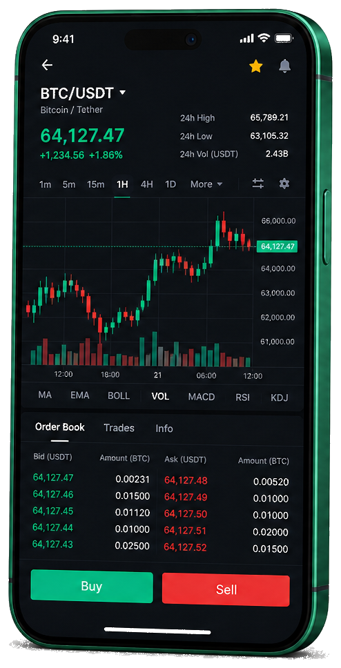 Interface mobile de trading Lierre Boursivo — cotations BTC/USDT en direct, carnet d’ordres et outils de suivi des opérations
